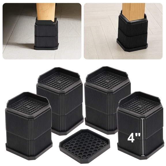 Bed Risers Furniture Risers 4 Inch 4 Pack Black Support 1100 LBs, MOJINO Large Furniture Risers for Dorm Beds Frame, Sofa, Desk, Couch, Chairs Legs