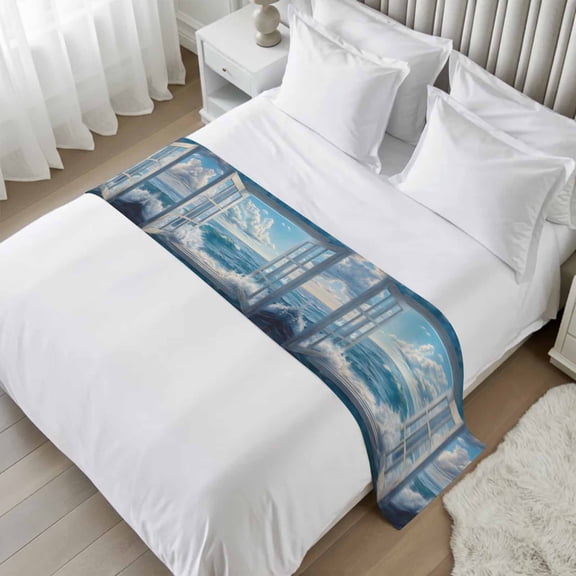 Bed Runner Beach Waves Bedding Scarves Soft Decorative Bed Flag Blue Sky Cloud Window Bed Runners for King Size Bed Hotel Bedroom Decorations Bed Throws for Foot of Bed Scarf Protector 20x94 Inch
