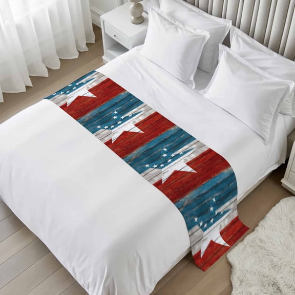 Bed Runner for Cal.King Size, American Star Decorative Scarf Throws for Foot of Bed, USA Teal Red Star Vintage 4th of July Luxury Bedding Protector Slipcover Bedrunners for Hotel/Home, 102 x 20 Inch
