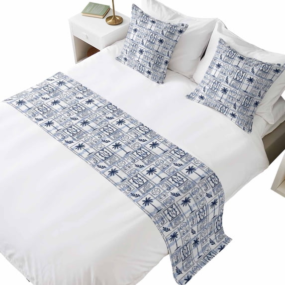 Bed Runner for Cal. King Size Bed, Blue Tropical Plants Decorative Beds ...