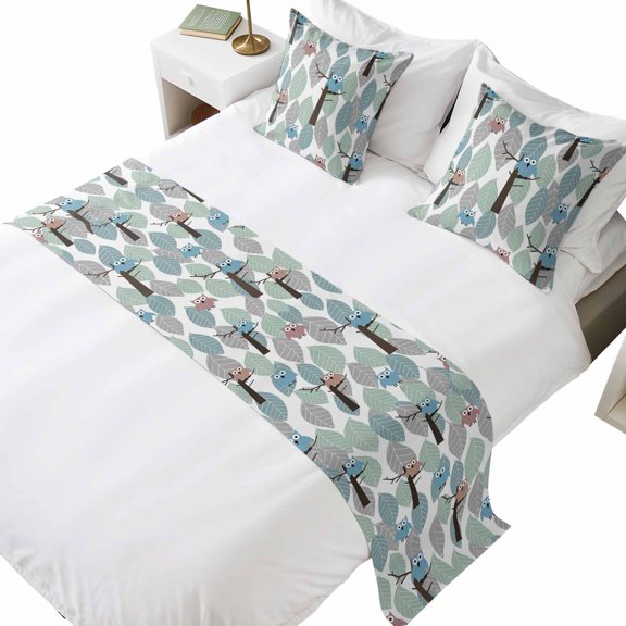 Bed Runner for Cal. King Size Bed, Cute Owl Decorative Beds Runners and 2 Matching Pillow Covers Set, Funny Cartoon Animal Colorful Leaves Trees Beds Scarf Throw for Foot of Bedding Set for Bedroom