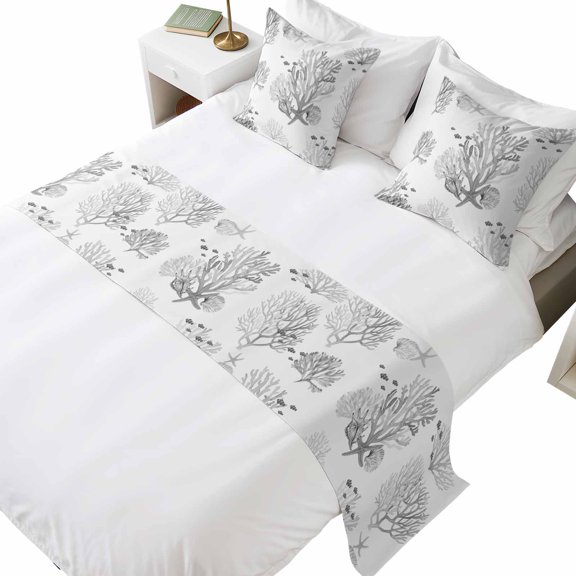 Bed Runner for Cal. King Size Bed, Gray Ocean Coral Decorative Beds Runners 2 Matching Pillow Covers Set, Nautical Coastal Conch Shell Starfish Summer Beds Scarf Throw for Foot of Bedding Set