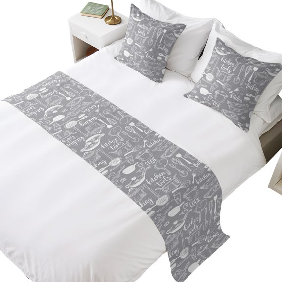 Bed Runner for Cal King Size Bed, Grey Kitchenware 3 Pcs Bedding Runner Set - 1 Scarf(102"x20") and 2 Pillowcases(18"x18"), Modern Funny Cook Tools Spoons Forks Hotel Bed Throw for Foot of Bed