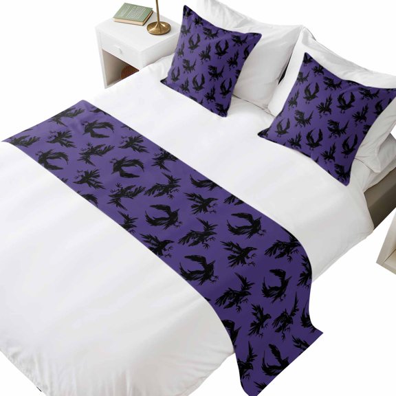 Bed Runner for Cal. King Size Bed, Halloween Decorative Beds Runners and 2 Matching Pillow Covers Set, Purple Black Crow Spooky Scary Animals Beds Scarf Throw for Foot of Bedding Set for Bedroom