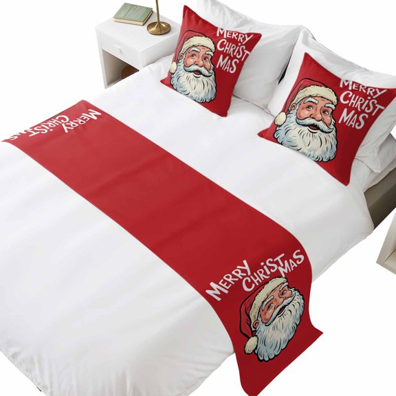 Bed Runner for Cal. King Size Bed, Merry Christmas Decorative Beds Runners and 2 Matching Pillow Covers Set, Jolly Santa Claus Vintage Red Beds Scarf Throw for Foot of Bedding Set for Hotel/Bedroom