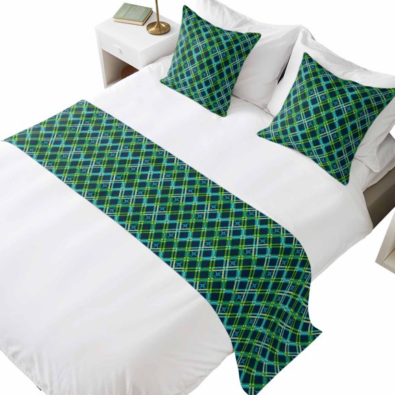 Bed Runner for Cal. King Size Bed, Vintage Green Decorative Beds Runners and 2 Matching Pillow Covers Set, Geometric Tartan Plaid Ethnic Farmhouse Beds Scarf Throw for Foot of Bedding Set for Bedroom