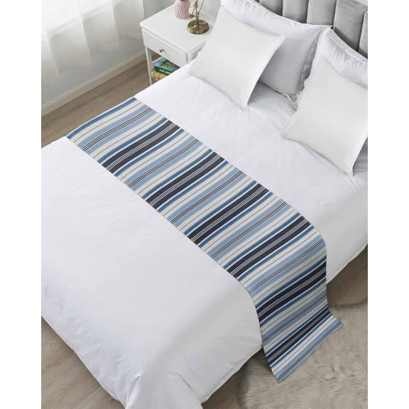 Bed Runner for Cal.King Size, Blue Grey Striped Decorative Scarf Throws for Foot of Bed, Farmhouse Modern Stripes Art Luxury Bedding Protector Slipcover Bedrunners for Hotel/Home, 102 x 20 Inch