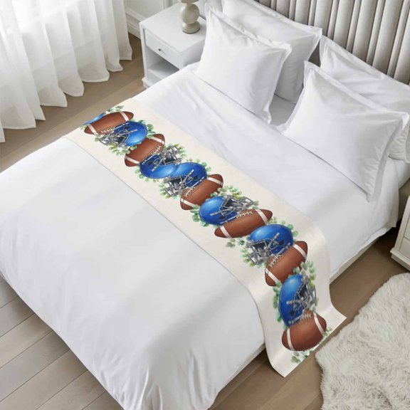 Bed Runner for Cal.King Size, Brown Rugby Decorative Scarf Throws for Foot of Bed, Fall Blue Football Helmet Eucalyptus Leaves Luxury Bedding Protector Slipcover Bedrunners for Hotel, 102 x 20 Inch
