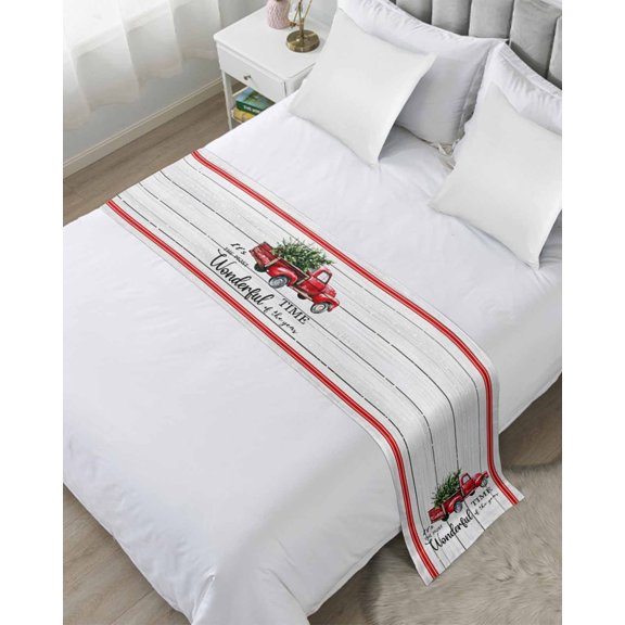 Bed Runner for Cal.King Size, Christmas Decorative Scarf Throws for Foot of Bed, Xmas Truck Tree Snowflake Red Striped Retro Luxury Bedding Protector Slipcover Bedrunners for Hotel, 102 x 20 Inch