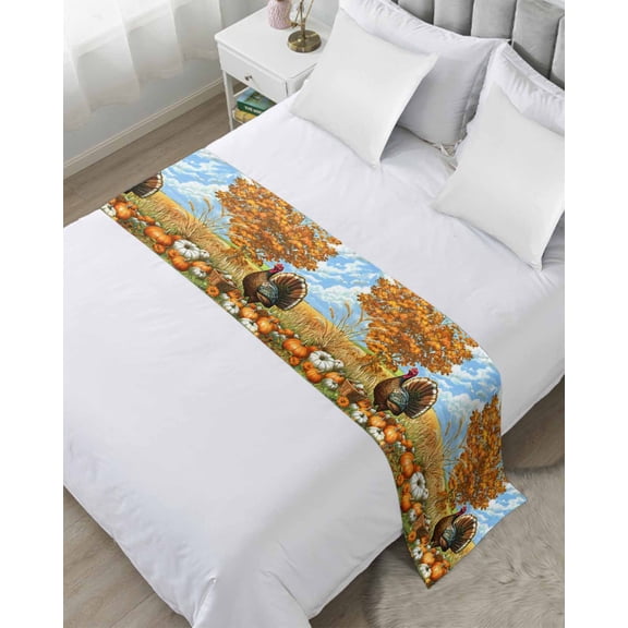 Bed Runner for Cal.King Size, Fall Turkey Decorative Scarf Throws for Foot of Bed, Orange Green Pumpkin Thanksgiving Country Luxury Bedding Protector Slipcover Bedrunners for Hotel, 102 x 20 Inch