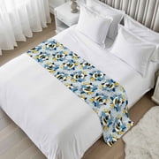 Bed Runner for Cal.King Size, Gray Blue Bees Farmhouse Decorative Scarf Throws for Foot of Bed, Spring Summer Botanical Flowers Luxury Bedding Protector Slipcover Bedrunners for Hotel, 102 x 20 Inch