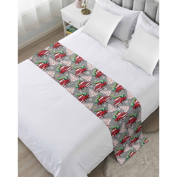Bed Runner for Cal.King Size, Grey Red Truck Christmas Decorative Scarf Throws for Foot of Bed, Xmas Tree Snowflake Winter Luxury Bedding Protector Slipcover Bedrunners for Hotel/Home, 102 x 20 Inch