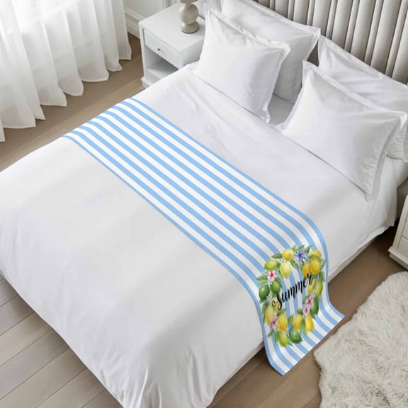 Bed Runner for Cal.King Size, Lemons Striped Decorative Scarf Throws for Foot of Bed, Summer Botanical Stripes Farmhouse Watercolor Luxury Bedding Protector Slipcover Bedrunners, 102 x 20 Inch