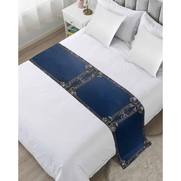 Bed Runner for Cal.King Size, Navy Blue Geometric Decorative Scarf Throws for Foot of Bed, Farmhouse Geo Retro Art Watercolor Luxury Bedding Protector Slipcover Bedrunners for Hotel, 102 x 20 Inch