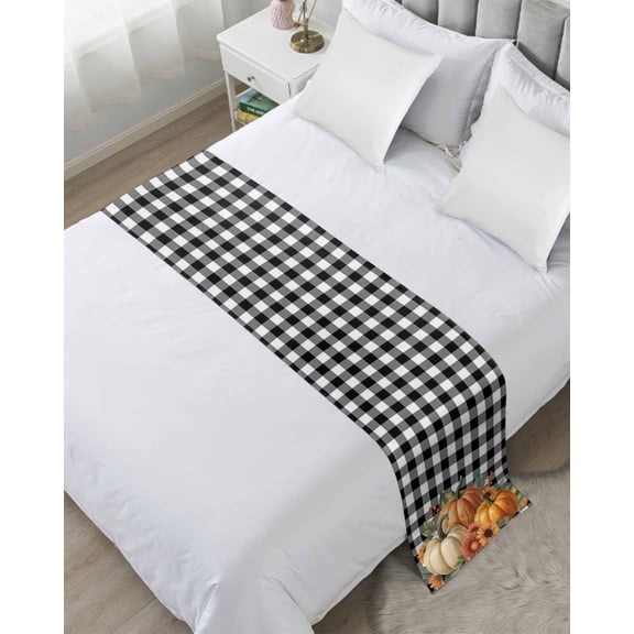 Bed Runner for Cal.King Size, Orange Pumpkins Fall Decorative Scarf Throws for Foot of Bed, Plaid Thanksgiving Maple Leaf Luxury Bedding Protector Slipcover Bedrunners for Hotel/Home, 102 x 20 Inch