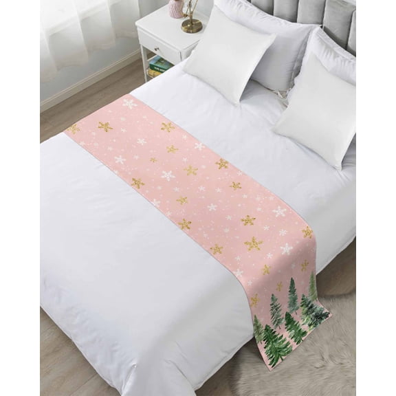 Bed Runner for Cal.King Size, Pink Christmas Tree Decorative Scarf Throws for Foot of Bed, Winter Watercolor Gold Snowflakes Luxury Bedding Protector Slipcover Bedrunners for Hotel, 102 x 20 Inch