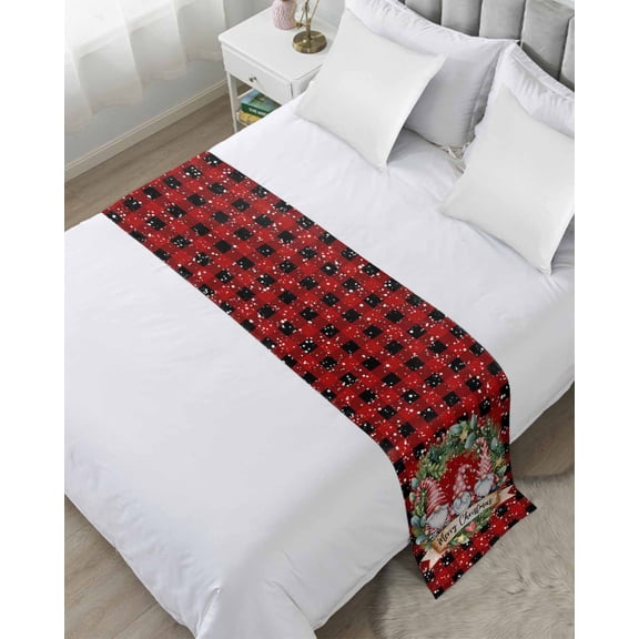 Bed Runner for Cal.King Size, Red Black Christmas Decorative Scarf Throws for Foot of Bed, Xmas Winter Gnomes Buffalo Plaid Luxury Bedding Protector Slipcover Bedrunners for Hotel/Home, 102 x 20 Inch