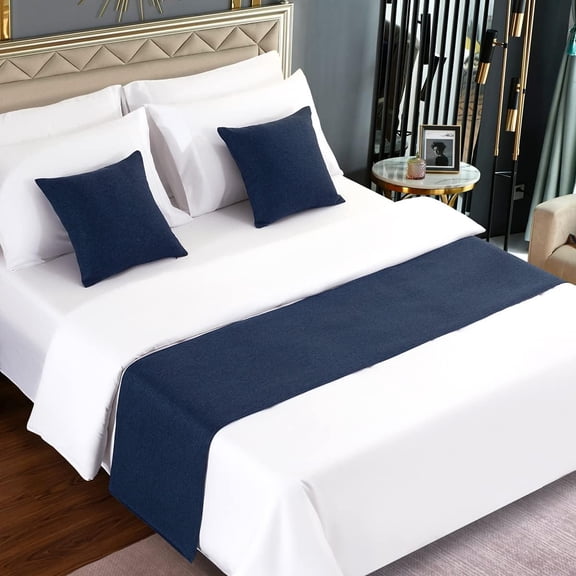 Bed Runner Dark Blue, Imitation Linen Decorative Bed Scarf for Home Hotel