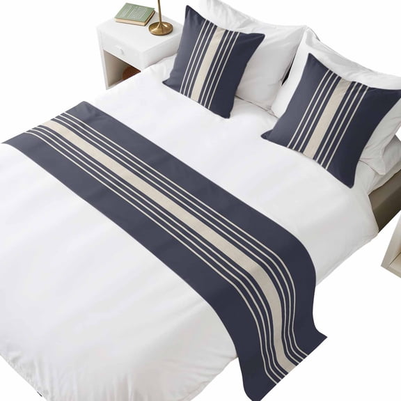 Bed Runner for King Size Bed, Beige Striped Decorative Beds Runners and 2 Matching Pillow Covers Set, Midnight Blue Geometric Simple Retro Beds Scarf Throw for Foot of Bedding Set for Hotel/Bedroom