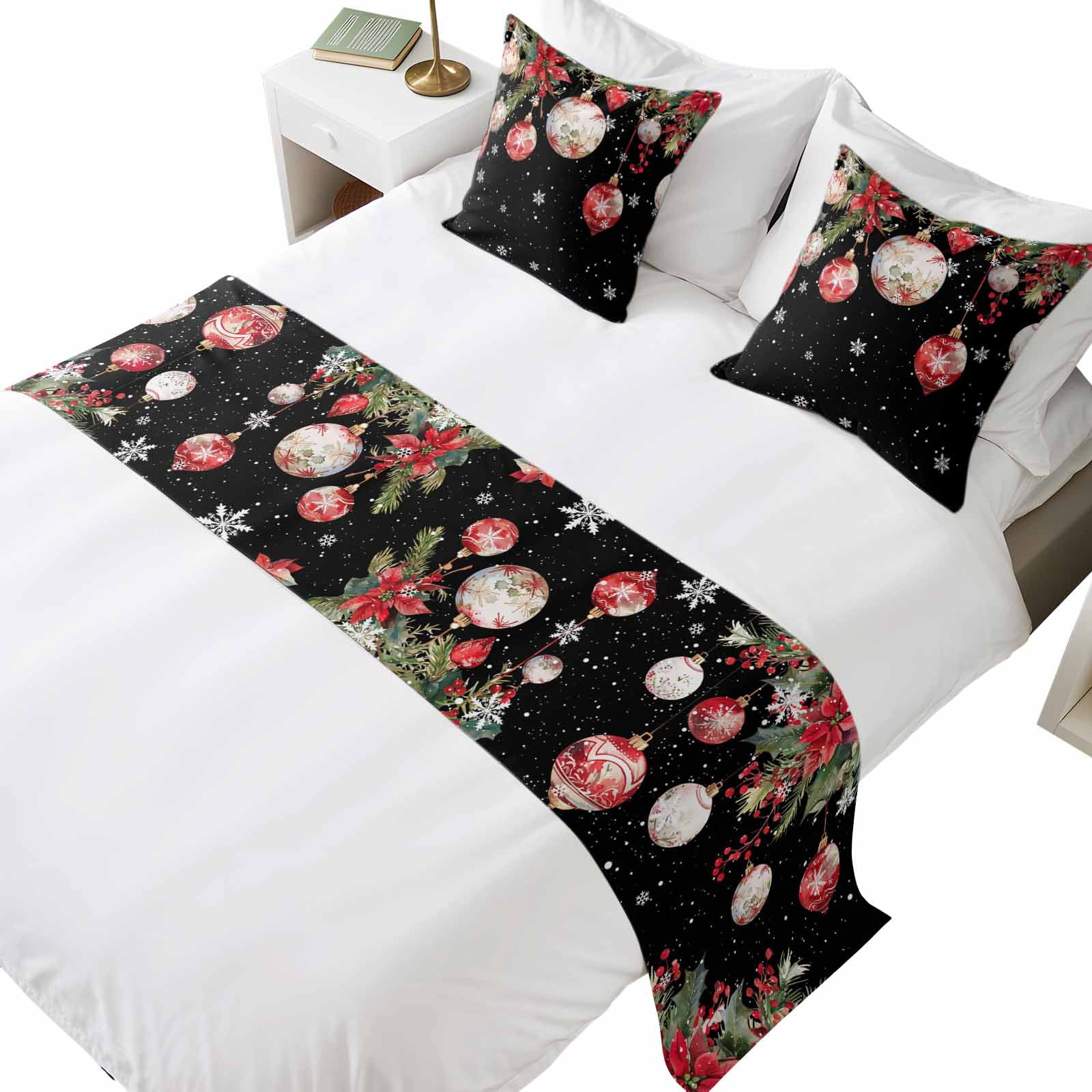 Bed Runner for King Size Bed, Black Christmas Balls Decorative Beds ...