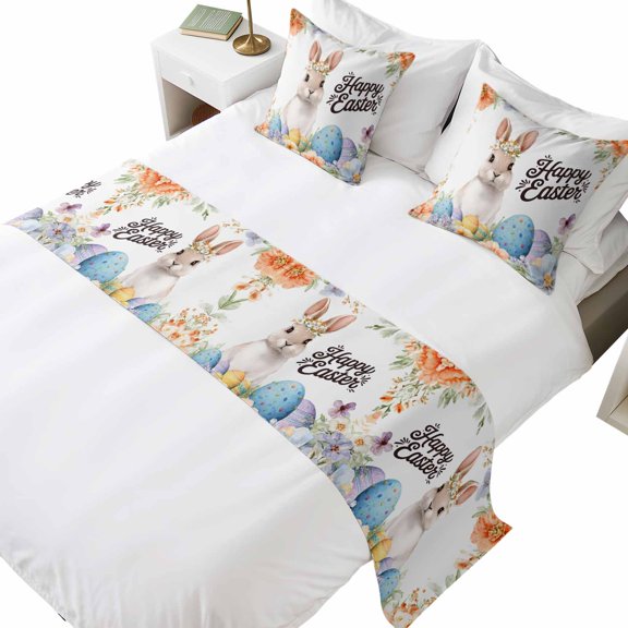 Bed Runner for King Size Bed, Happy Easter Decorative Beds Runners and 2 Matching Pillow Covers Set, Spring Watercolor Bunny Eggs Flowers Beds Scarf Throw for Foot of Bedding Set for Hotel/Bedroom