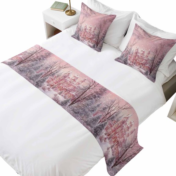 Bed Runner for King Size Bed, Pink Christmas Decorative Beds Runners and 2 Matching Pillow Covers Set, Pink Town Snowflake Xmas Tree Beds Scarf Throw for Foot of Bedding Set for Hotel/Bedroom