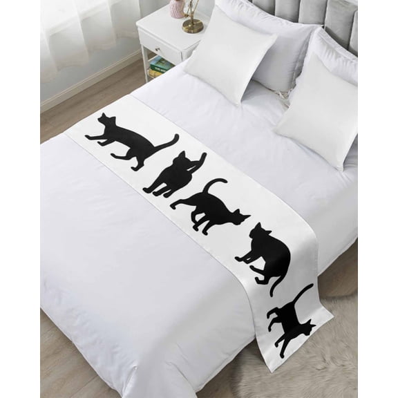 Bed Runner for King Size, Black Cat Decorative Scarf Throws for Foot of Bed, Modern Cartoon Animals Minimalist Luxury Bedding Protector Slipcover Bedrunners for Hotel/Home, 94 x 20 Inch