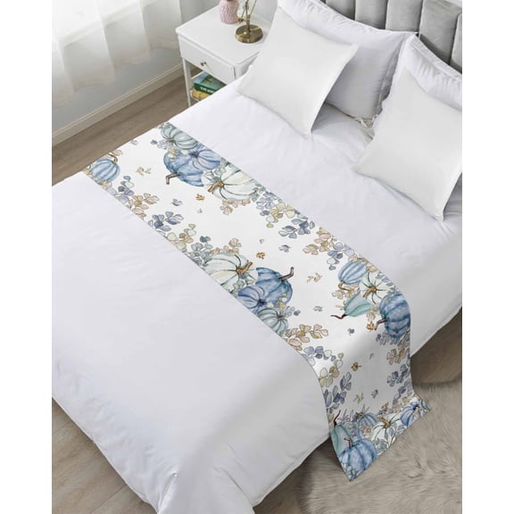 Bed Runner for King Size, Blue Teal Fall Decorative Scarf Throws for Foot of Bed, Thanksgiving Pumpkins Watercolor Botanical Luxury Bedding Protector Slipcover Bedrunners for Hotel/Home, 94 x 20 Inch
