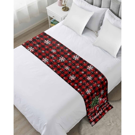 Bed Runner for King Size, Christmas Truck Decorative Scarf Throws for Foot of Bed, Red Black Buffalo Plaid Xmas Tree Snowflakes Luxury Bedding Protector Slipcover Bedrunners for Hotel, 94 x 20 Inch