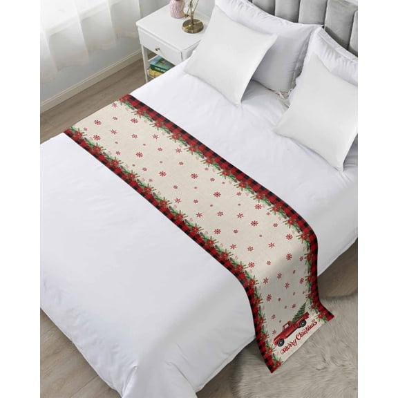 Bed Runner for King Size, Christmas Truck Decorative Scarf Throws for Foot of Bed, Red Black Plaid Xmas Tree Snowflake Burlap Luxury Bedding Protector Slipcover Bedrunners for Hotel, 94 x 20 Inch