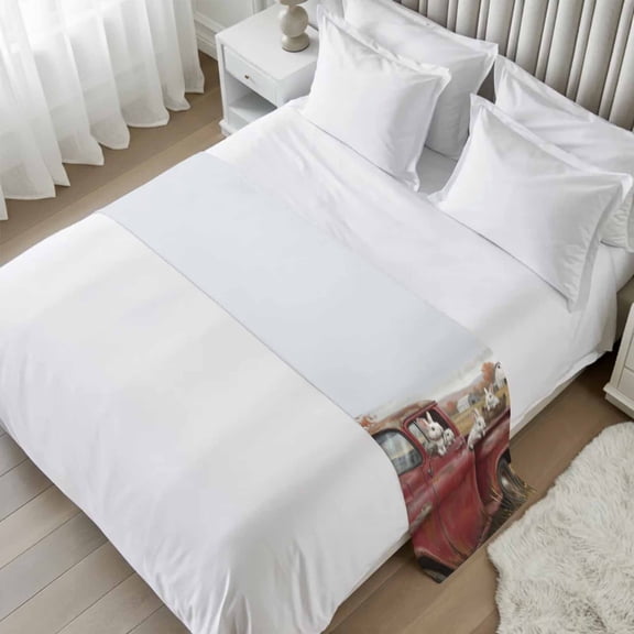 Bed Runner for King Size, Farm Rabbit Decorative Scarf Throws for Foot of Bed, Farmhouse Pastoral Truck Bunny Trees Barn Luxury Bedding Protector Slipcover Bedrunners for Hotel/Home, 94 x 20 Inch