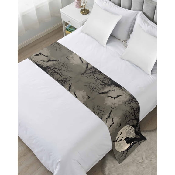 Bed Runner for King Size, Halloween Decorative Scarf Throws for Foot of Bed, Horror Bat Crow Full Moon Beige Black Luxury Bedding Protector Slipcover Bedrunners for Hotel/Home, 94 x 20 Inch