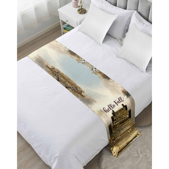 Bed Runner for King Size, Hello Fall Decorative Scarf Throws for Foot of Bed, Vintage Autumn Maple Leaf Luxury Bedding Protector Slipcover Bedrunners for Hotel/Home, 94 x 20 Inch