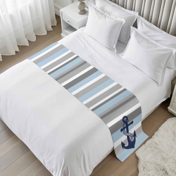 Bed Runner for King Size, Nautical Anchor Decorative Scarf Throws for Foot of Bed, Ocean Grey Blue Stripes Modern Simplistic Luxury Bedding Protector Slipcover Bedrunners for Hotel/Home, 94 x 20 Inch