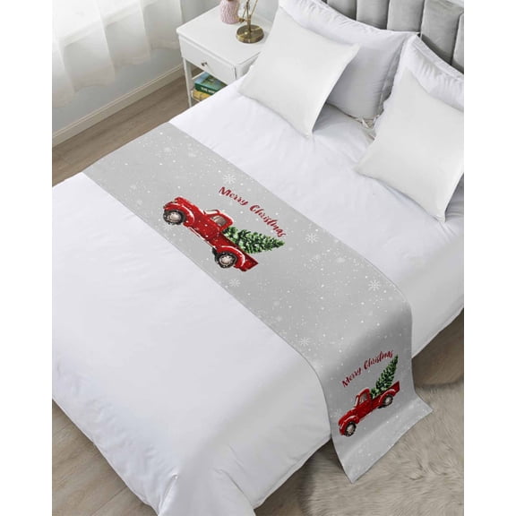 Bed Runner for King Size, Red Truck Christmas Decorative Scarf Throws for Foot of Bed, Xmas Tree Snowflake Grey Luxury Bedding Protector Slipcover Bedrunners for Hotel/Home, 94 x 20 Inch