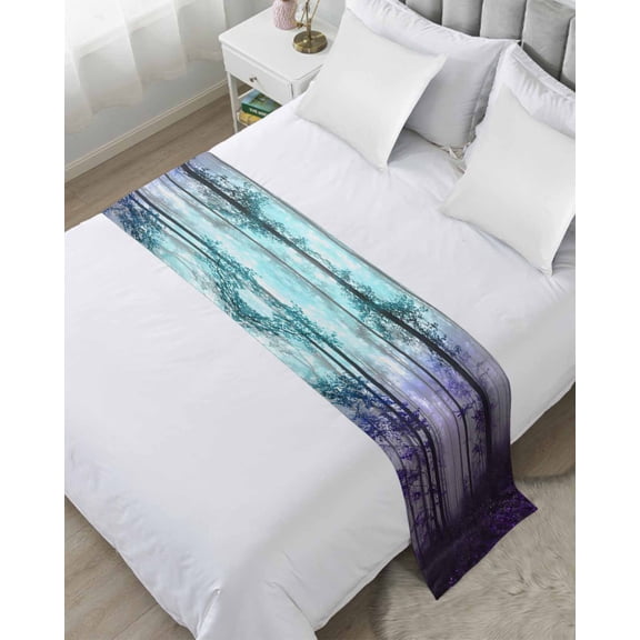 Bed Runner for King Size, Teal Purple Forest Decorative Scarf Throws for Foot of Bed, Vintage Foggy Woods Tree Luxury Bedding Protector Slipcover Bedrunners for Hotel/Home, 94 x 20 Inch