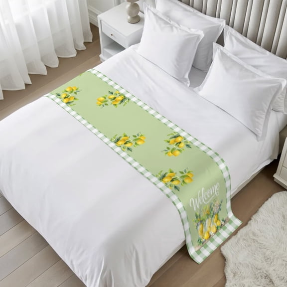 Bed Runner Lemon Mason Jars Bedding Scarves Soft Decorative Bed Flag Summer Fruit Green Plaid Welcome Bed Runners for Cal King Size Bed Hotel Bedroom Decor Bed Scarf 20x102 Inch
