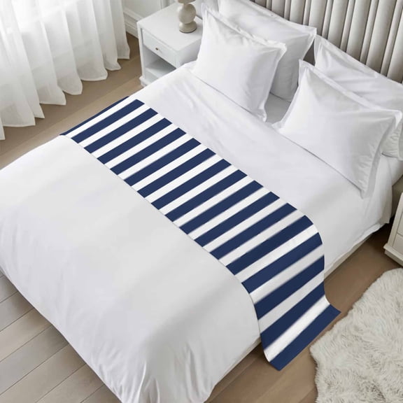 Bed Runner Navy Blue Stripes Bedding Scarves Soft Decorative Bed Flag Simple Striped Bed Runners for Cal King Size Bed Hotel Bedroom Decor Bed Throws for Foot of Bed Scarf Protector 20x102 Inch