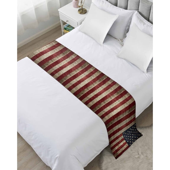 Bed Runner for Queen Size, American Flag Decorative Scarf Throws for Foot of Bed, Retro Shabby US Star Striped Flags Luxury Bedding Protector Slipcover Bedrunners for Hotel/Home, 83 x 20 Inch