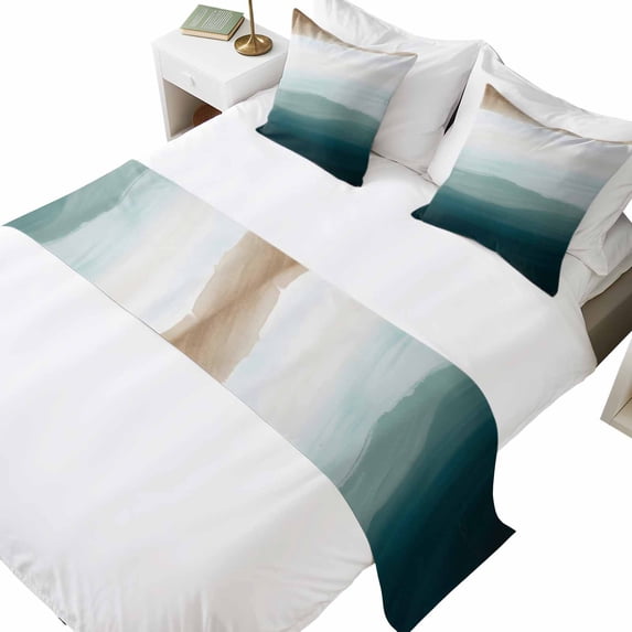 Bed Runner for Queen Size Bed, Blue Beach Gradient 3 Pcs Bedding Runner ...