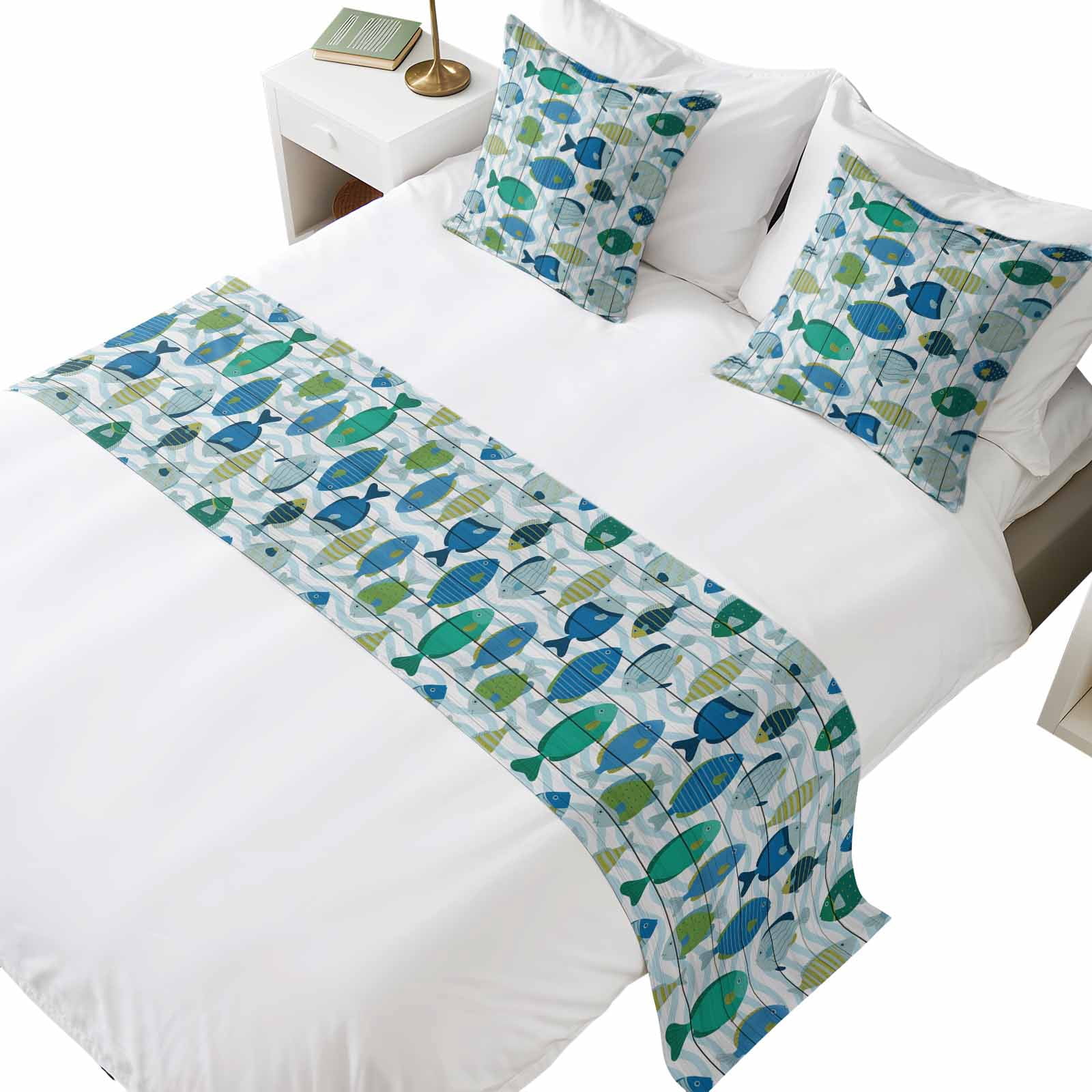 Bed Runner Example Bed Runner for Queen Size Bed, Blue Fishes Decorative Beds Runners and ...