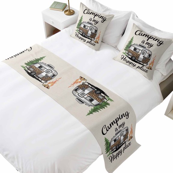 Bed Runner for Queen Size Bed, Camper Van Decorative Beds Runners and 2 Matching Pillow Covers Set, Modern Vintage Camping Burlap Rustic Beds Scarf Throw for Foot of Bedding Set for Hotel/Bedroom