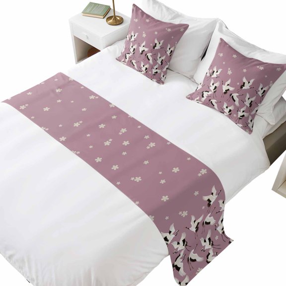 Bed Runner for Queen Size Bed, Cherry Blossoms Decorative Beds Runners and 2 Matching Pillow Covers Set, White Crane Harmony Pink Beds Scarf Throw for Foot of Bedding Set for Hotel/Bedroom
