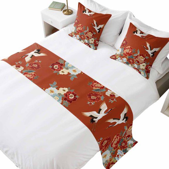 Bed Runner for Queen Size Bed, Country Flowers Decorative Beds Runners and 2 Matching Pillow Covers Set, Red Japanese Peony Floral White Bird Beds Scarf Throw for Foot of Bedding Set for Bedroom