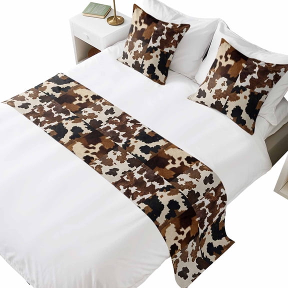 Bed Runner for Queen Size Bed, Cow Patterned 3 Pcs Bedding Runner Set - 1 Scarf(83"x20") and 2 Pillowcases(18"x18"), Vintage Farmhouse Abstract Country Western Hotel Bed Throw for Foot of Bed