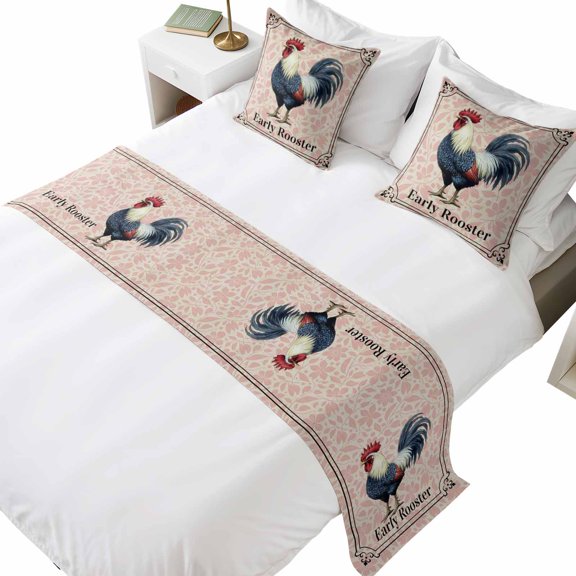Bed Runner for Queen Size Bed, Early Rooster Decorative Beds Runners and 2 Matching Pillow Covers Set, Pink Spring Farmhouse Leaves Burlap Beds Scarf Throw for Foot of Bedding Set for Hotel/Bedroom