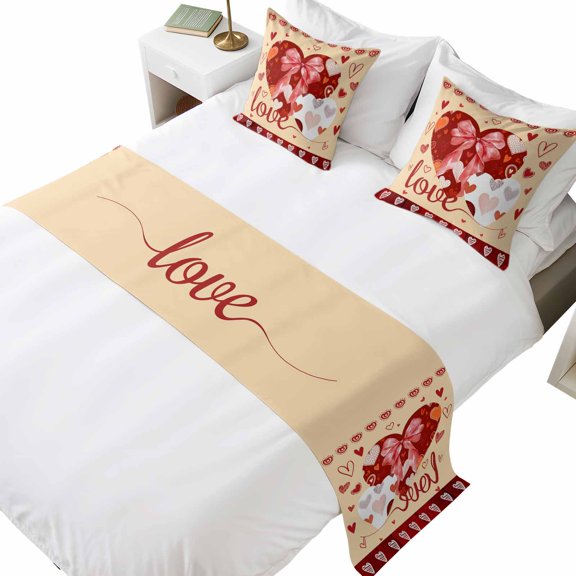 Bed Runner for Queen Size Bed, Happy Valentine's Day Decorative Beds Runners and 2 Matching Pillow Covers Set, Yellow Love Hearts Romantic Beds Scarf Throw for Foot of Bedding Set for Hotel/Bedroom