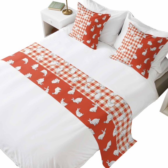 Bed Runner for Queen Size Bed, Japanese Rabbits Decorative Beds Runners and 2 Matching Pillow Covers Set, Vintage Orange Red Plaid Farmhouse Beds Scarf Throw for Foot of Bedding Set for Hotel/Bedroom
