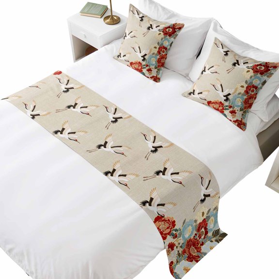 Bed Runner for Queen Size Bed, Japanese Style Decorative Beds Runners and 2 Matching Pillow Covers Set, Country Vintage Blossom Peony Birds Beds Scarf Throw for Foot of Bedding Set for Hotel/Bedroom
