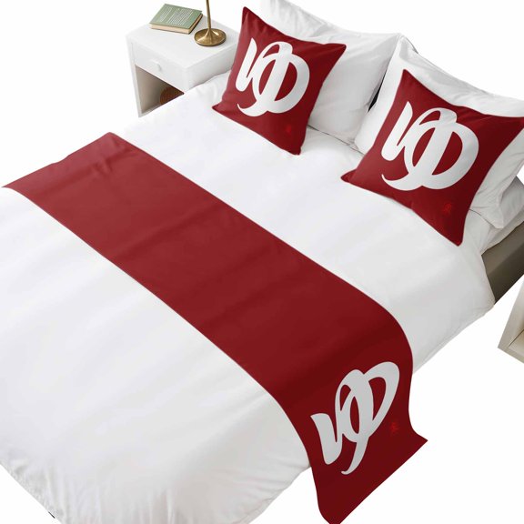 Bed Runner for Queen Size Bed, Japanese Style Decorative Beds Runners and 2 Matching Pillow Covers Set, Vintage Minimalist ArtRed Beds Scarf Throw for Foot of Bedding Set for Hotel/Bedroom